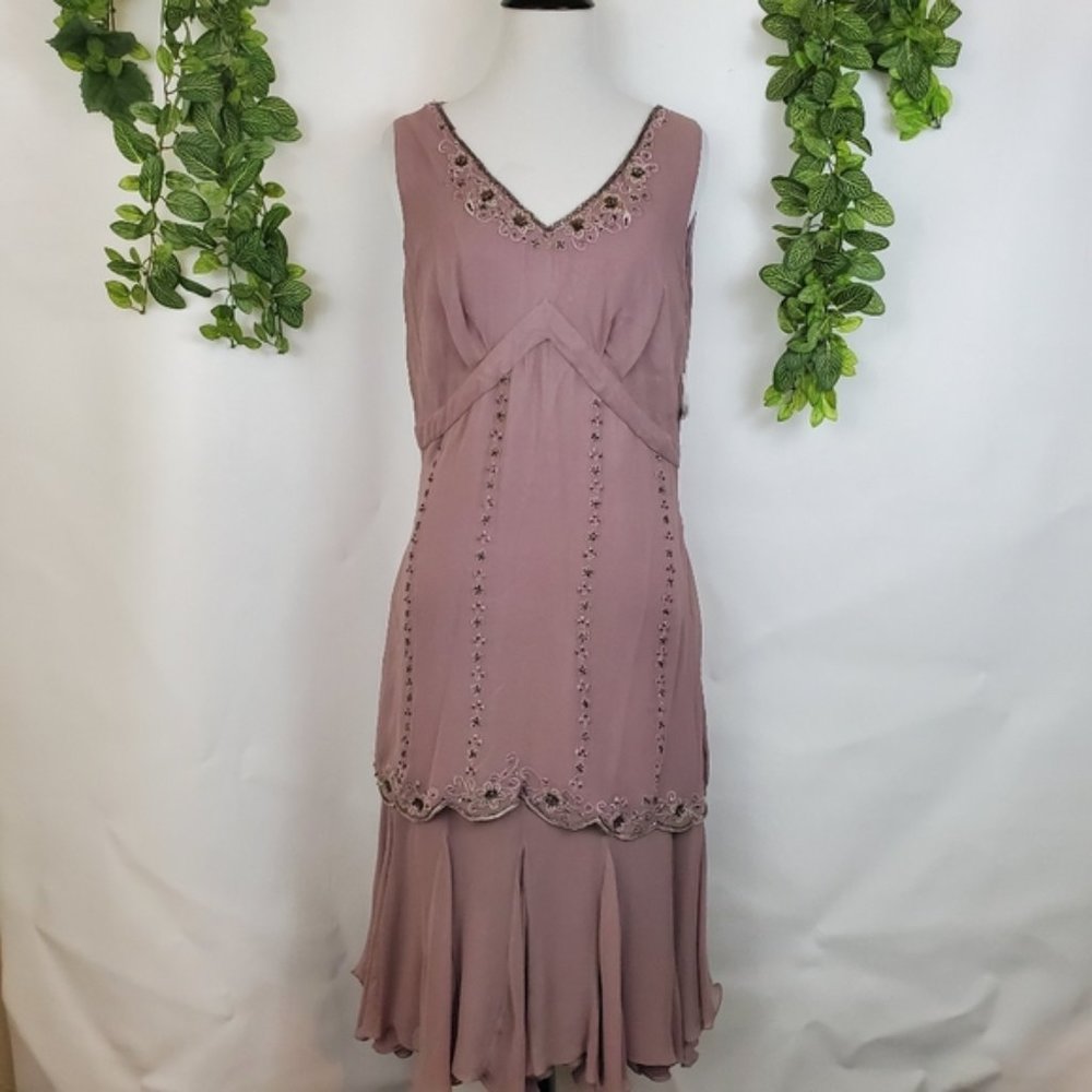 Mauve beaded embroidered sleeveless flapper dress